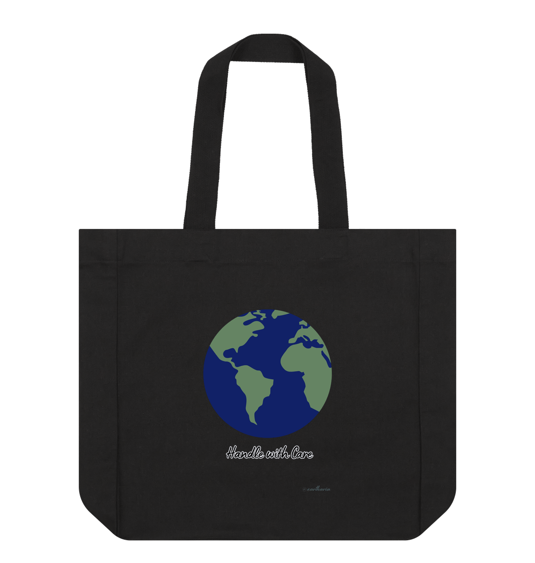 Black Shopper Tote Bag Certified Organic Cotton, Eartharia's Signature Collection, Handle with Care