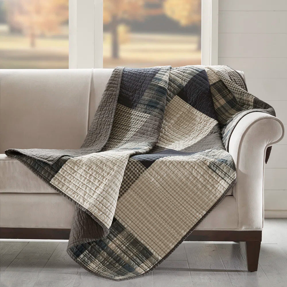 Plaid Quilted Throw Blanket, 100% Cotton