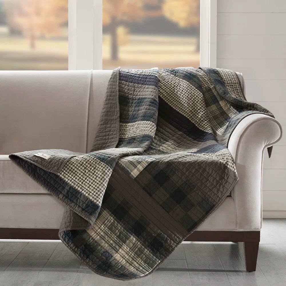 Plaid Quilted Throw Blanket, 100% Cotton