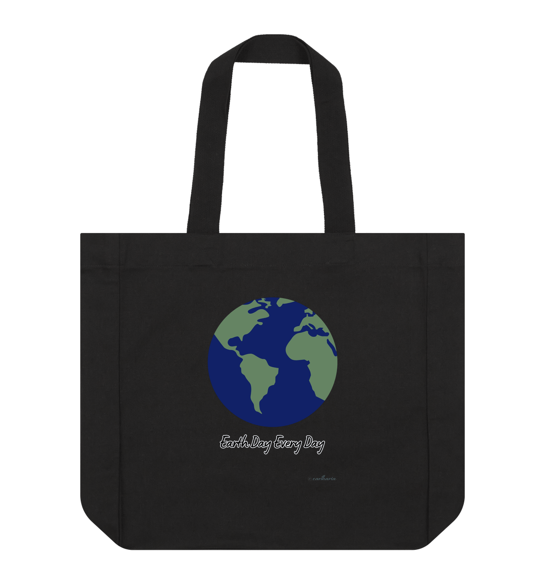 Black Shopper Tote Bag Certified Organic Cotton, Eartharia's Signature Collection, Earth Day Every Day