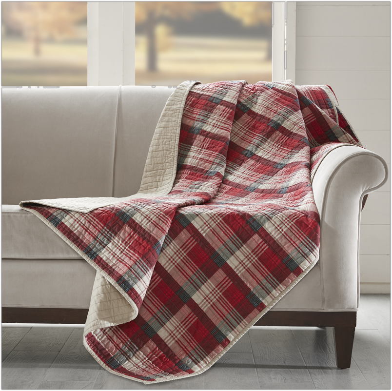 Plaid Quilted Throw Blanket, 100% Cotton